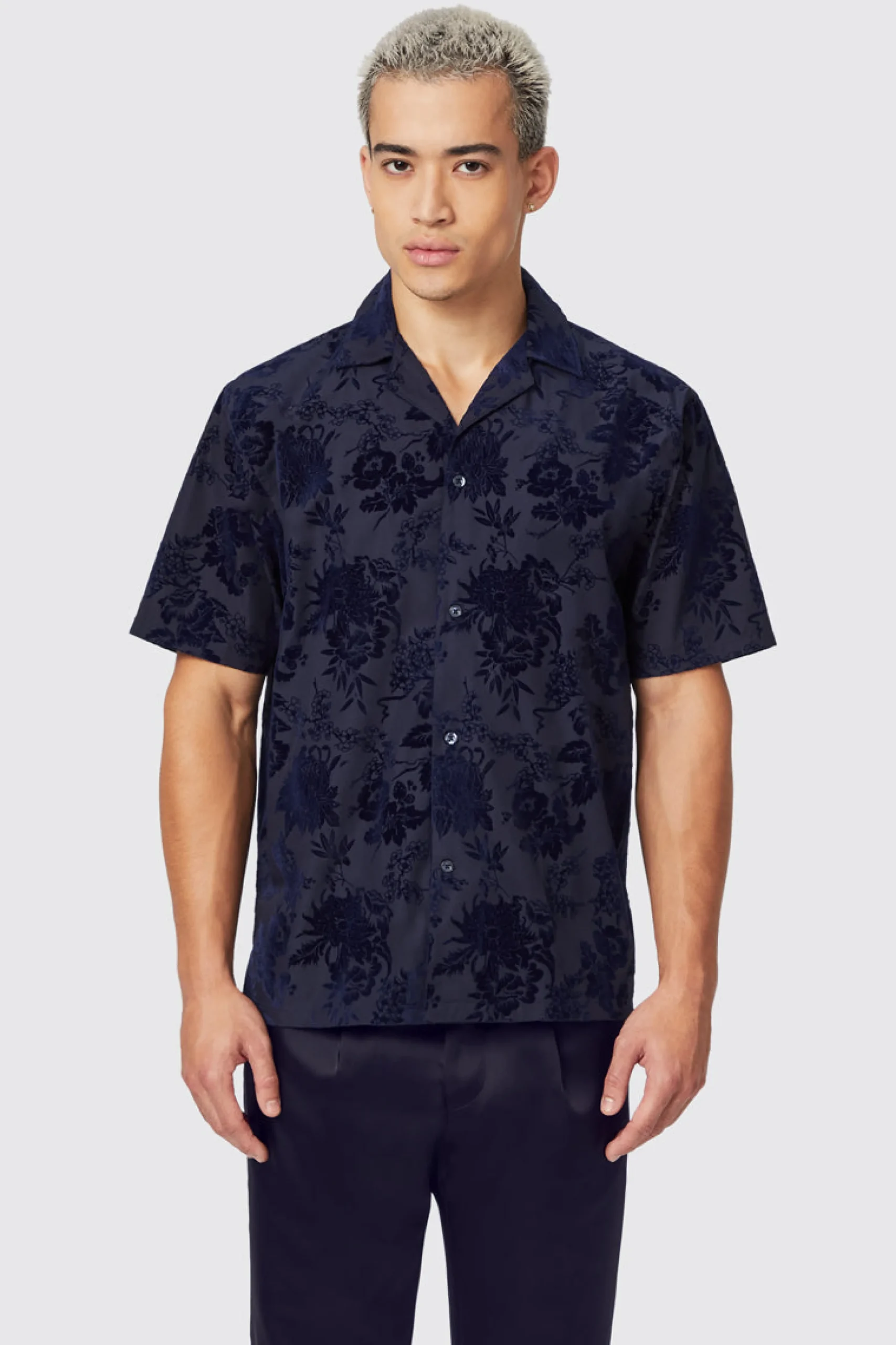 Style·Patterned Shirts|Style·Floral Shirts|Twisted Tailor Albon Navy Floral Flocked Short Sleeve Shirt