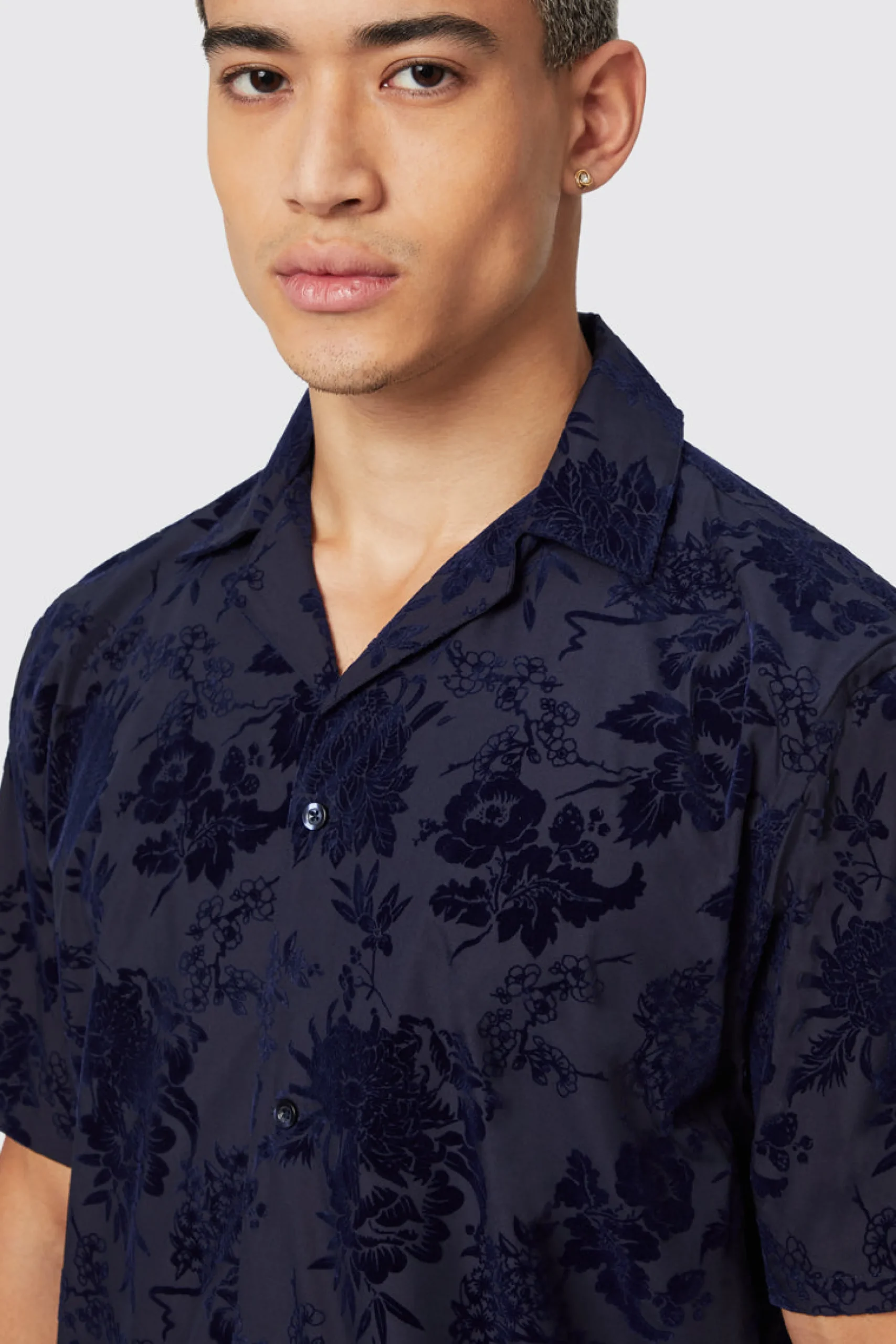 Style·Patterned Shirts|Style·Floral Shirts|Twisted Tailor Albon Navy Floral Flocked Short Sleeve Shirt
