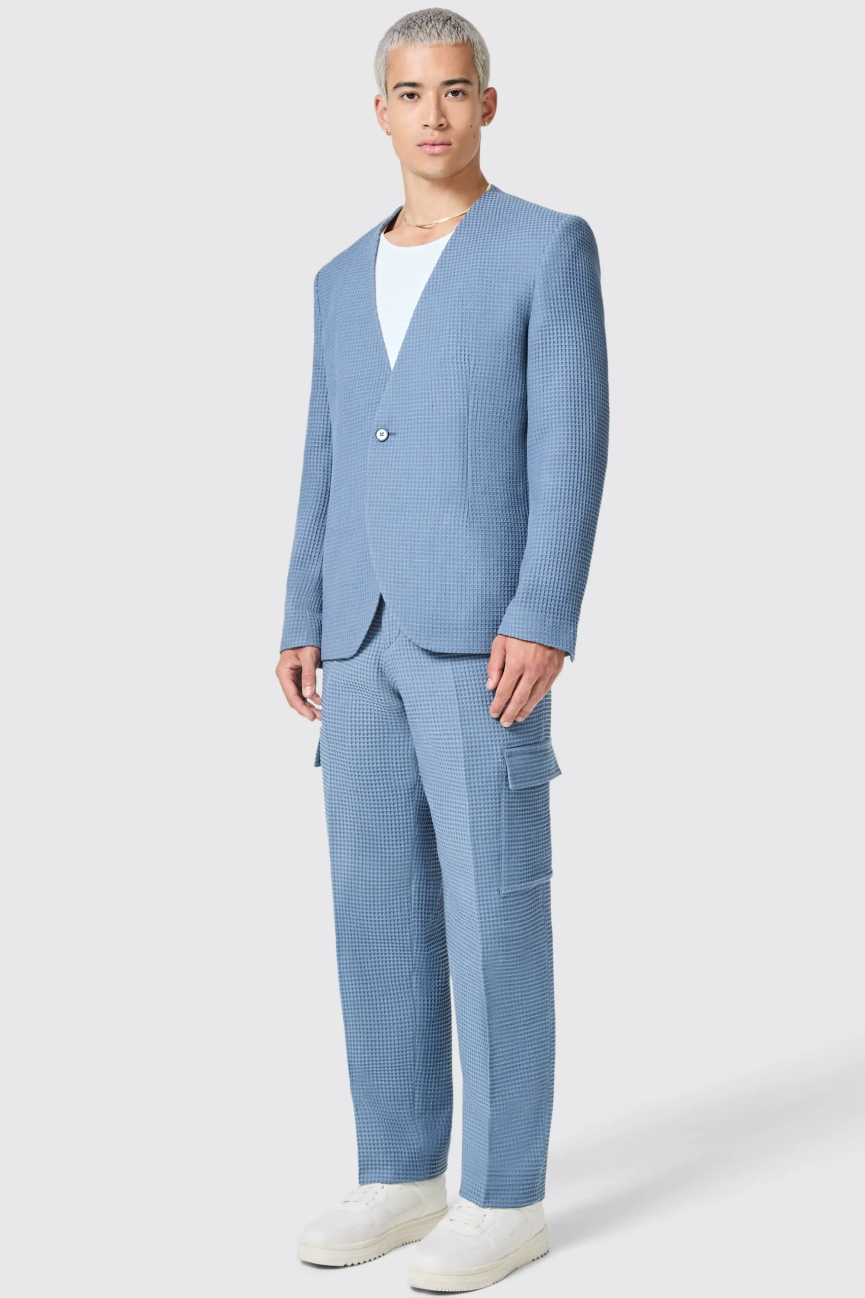 Unisex|Trousers·Casual Trousers|Twisted Tailor Anthony Oversized Blue Waffle Knit Cotton Trousers