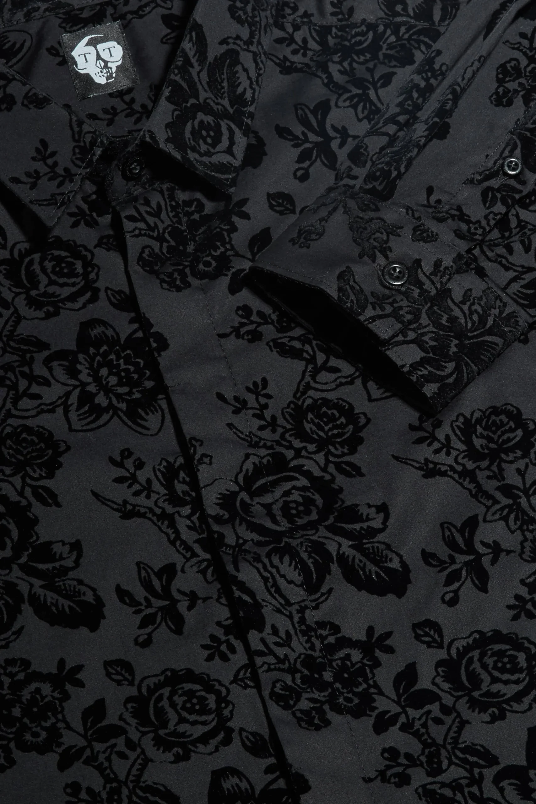 Style·Floral Shirts|Occasion·Formal Shirts|Twisted Tailor Armada Skinny Fit Black Floral Flocked Cotton Shirt