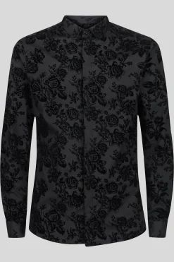 Style·Floral Shirts|Occasion·Formal Shirts|Twisted Tailor Armada Skinny Fit Black Floral Flocked Cotton Shirt