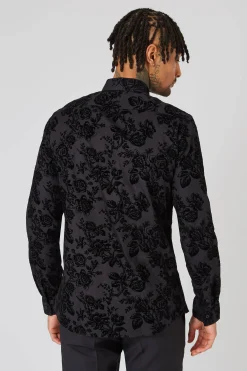 Style·Floral Shirts|Occasion·Formal Shirts|Twisted Tailor Armada Skinny Fit Black Floral Flocked Cotton Shirt