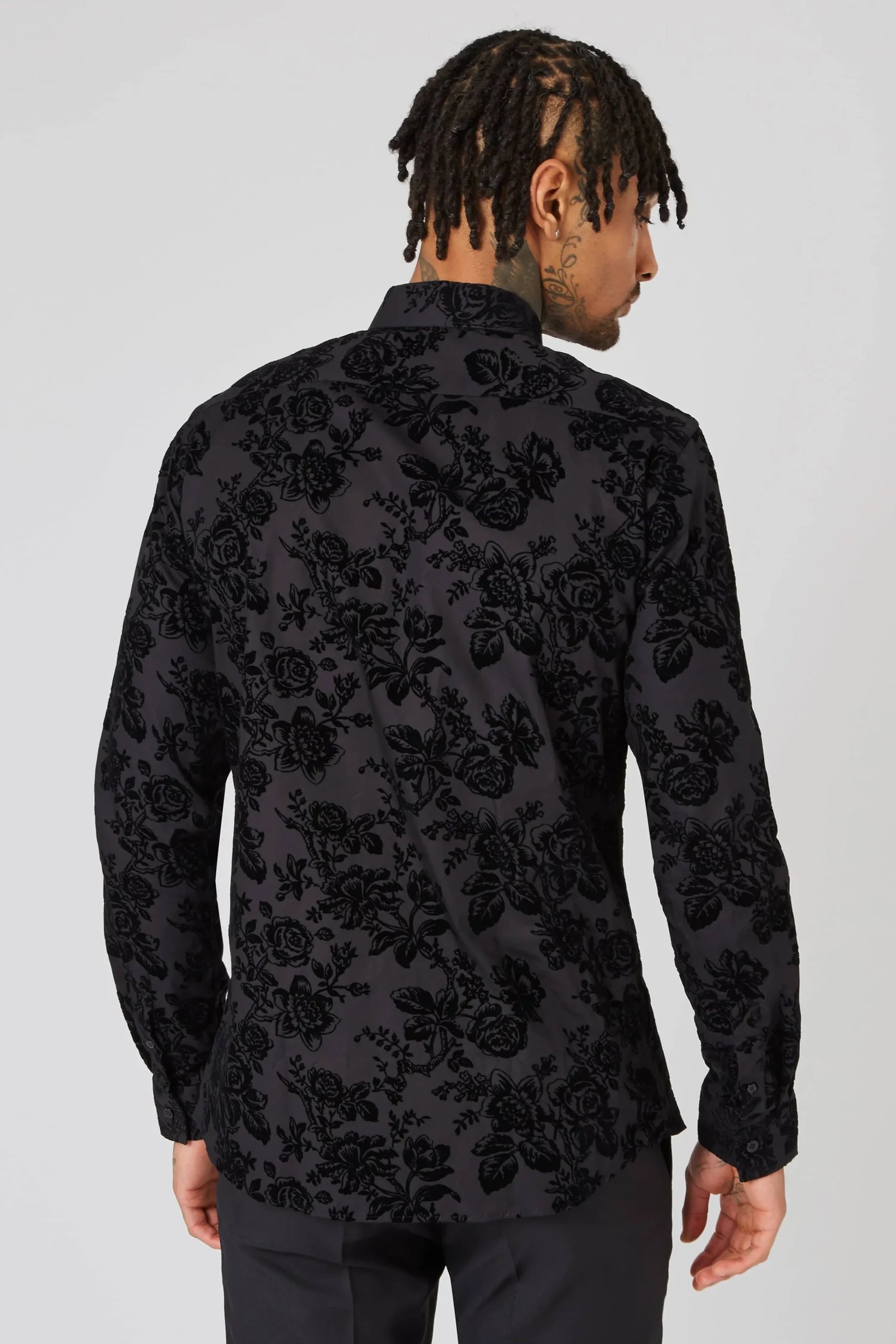Style·Floral Shirts|Occasion·Formal Shirts|Twisted Tailor Armada Skinny Fit Black Floral Flocked Cotton Shirt