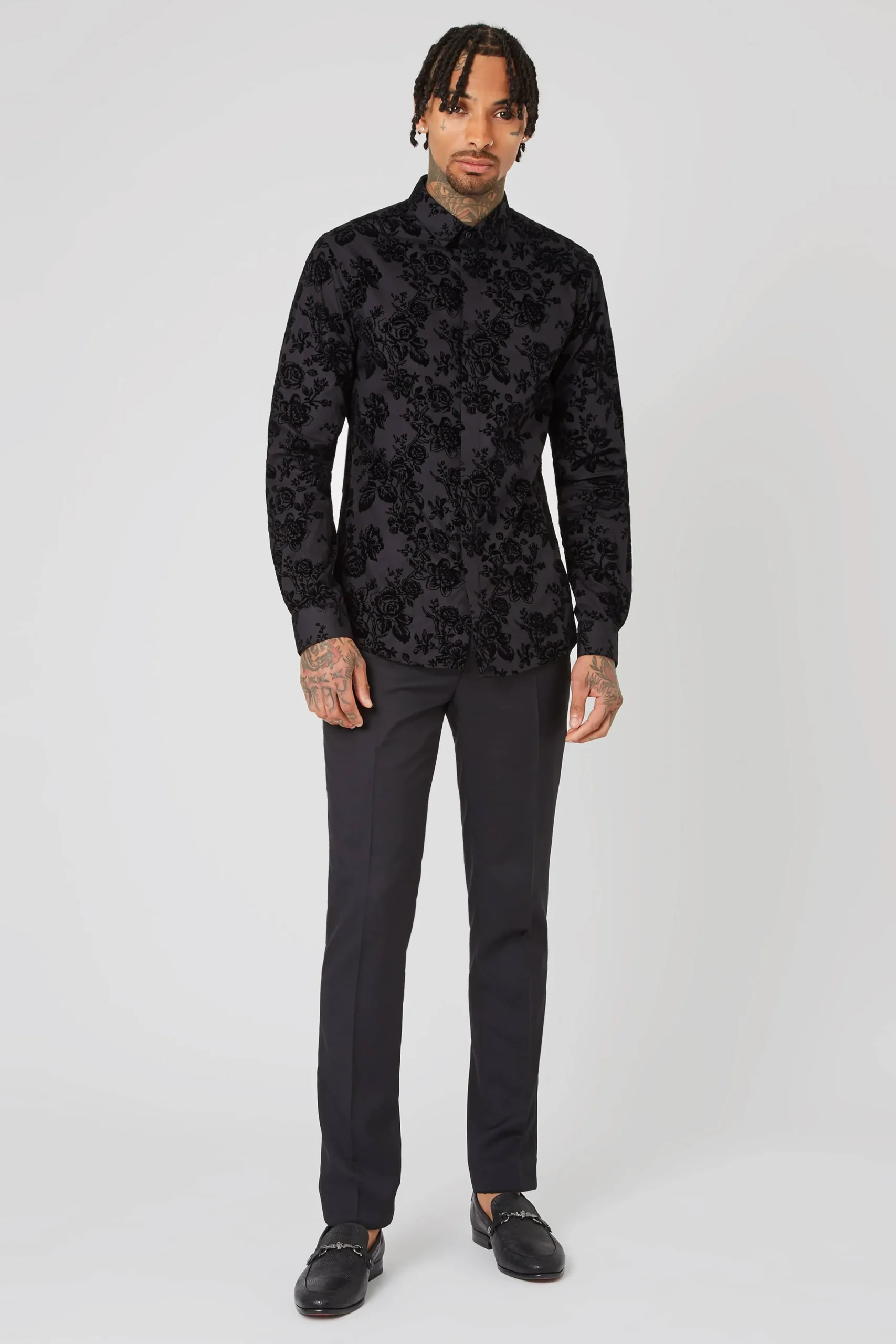 Style·Floral Shirts|Occasion·Formal Shirts|Twisted Tailor Armada Skinny Fit Black Floral Flocked Cotton Shirt