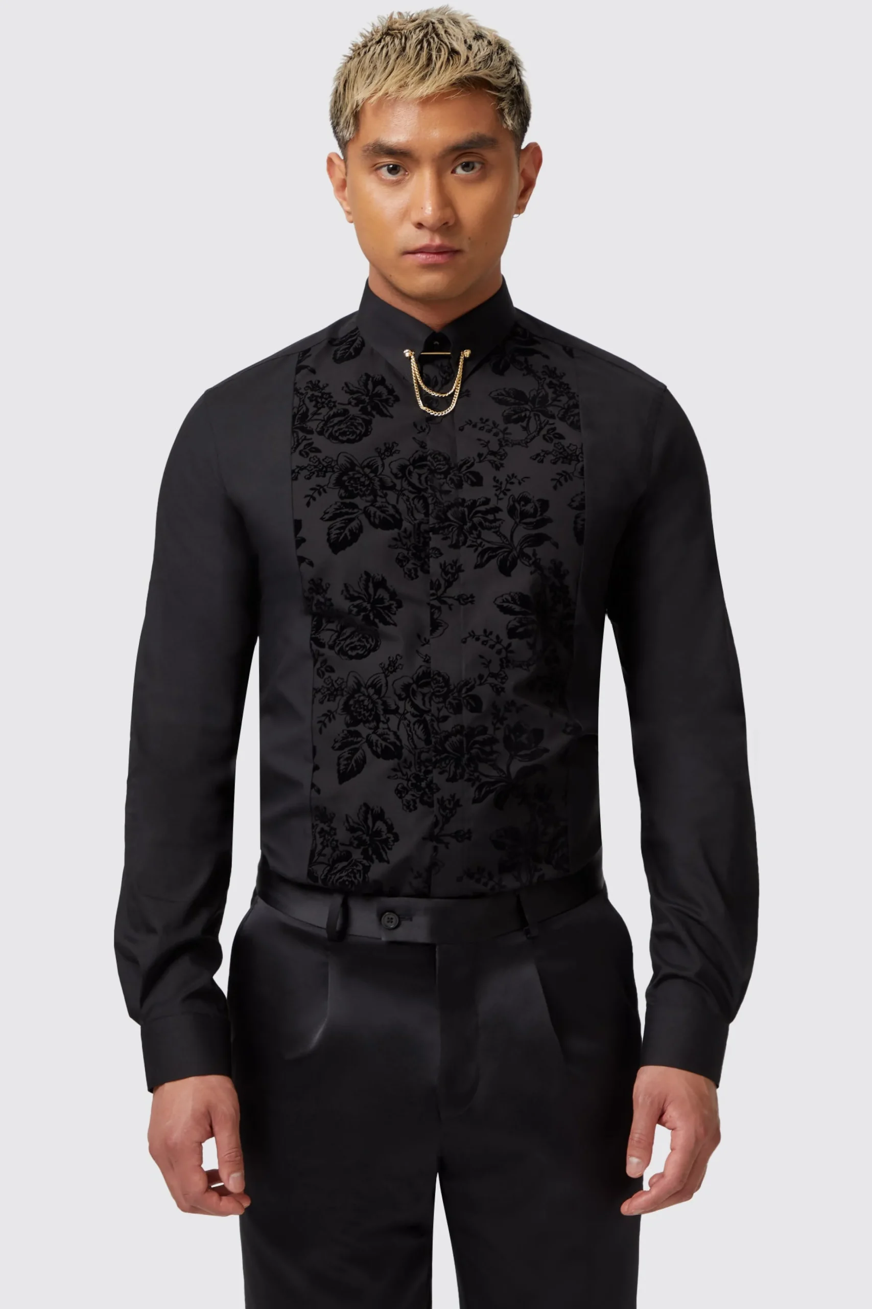 Occasion·Wedding Shirts|Occasion·Formal Shirts|Twisted Tailor Barilla Slim Fit Black Flocked Floral Shirt