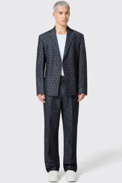 Unisex|Jackets·Casual Jackets|Twisted Tailor Blugi Slim Fit Blue Denim Heart Flocked Cotton Suit