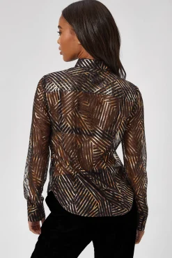 Woman|Twisted Tailor Capaldi Slim Fit Black Geometric Shirt