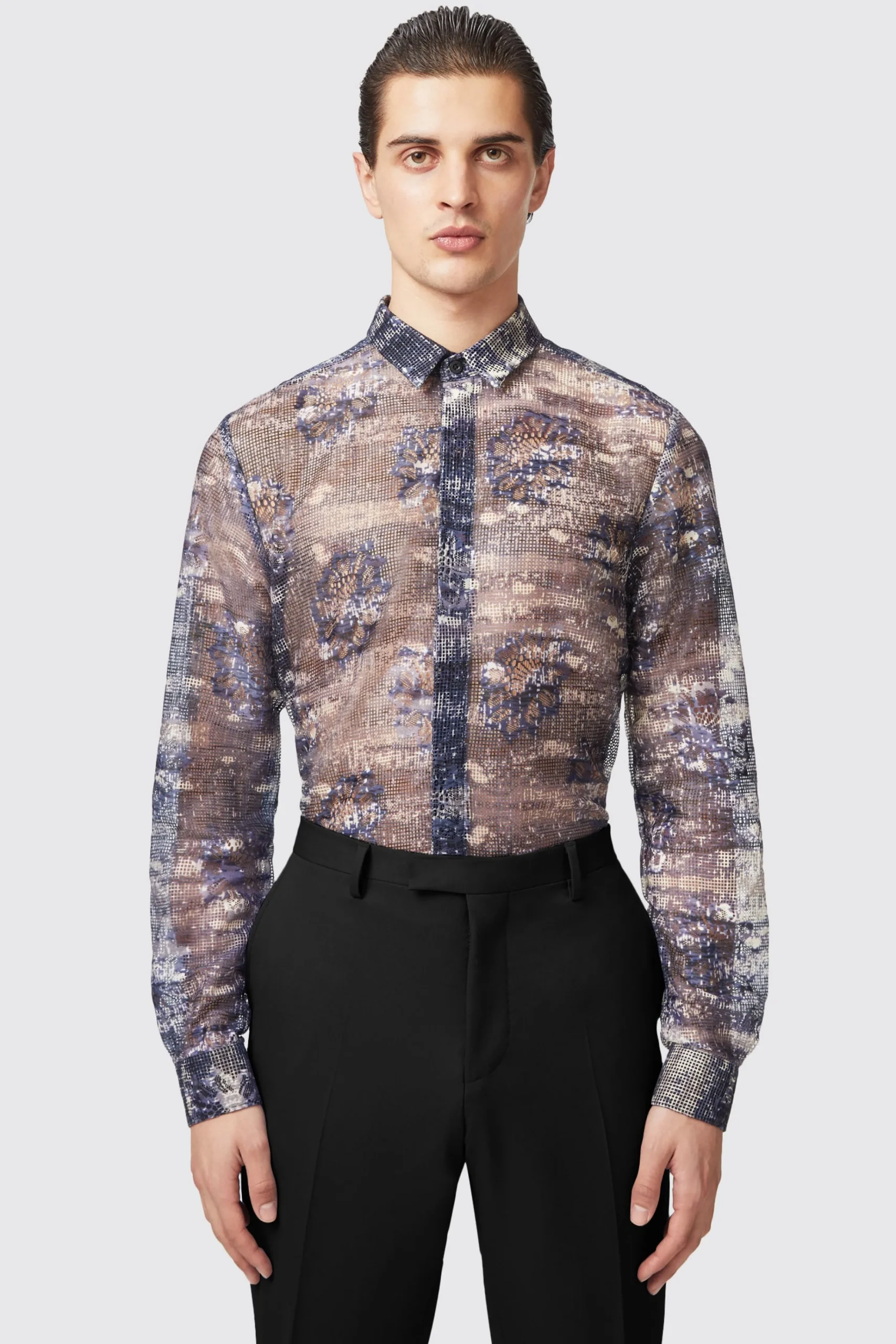 Style·Patterned Shirts|Occasion·Party Shirts|Twisted Tailor Caples Slim Fit Blue Mesh Shirt