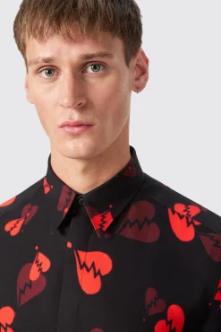 Occasion·Formal Shirts|Occasion·Party Shirts|Twisted Tailor Casse Slim Fit Heart Flocked Black Shirt