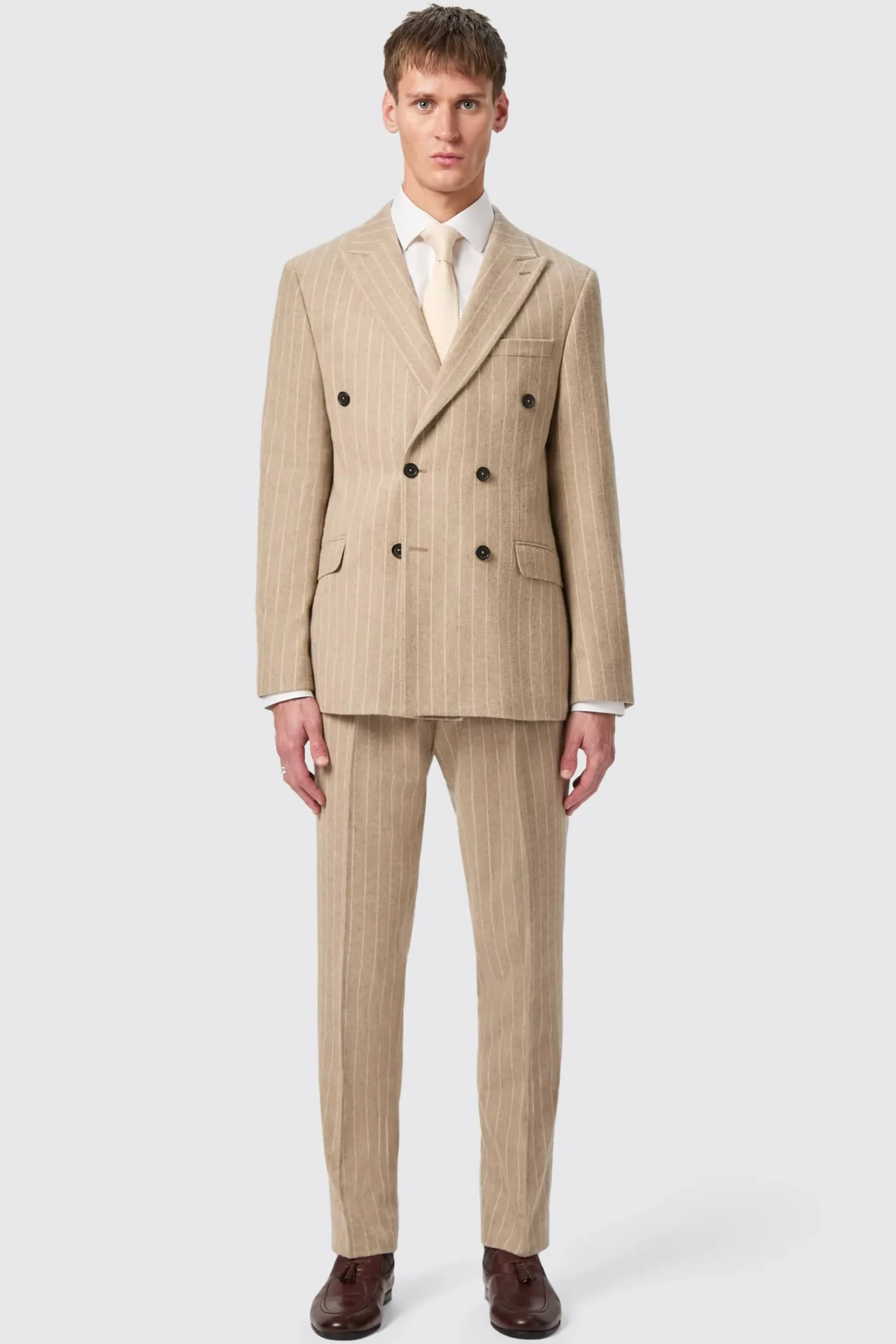Style·Double Breasted Suits|Occasion·Groomsmen Suits|Twisted Tailor Cornwall Slim Fit Beige Pinstripe Double Breasted Suit