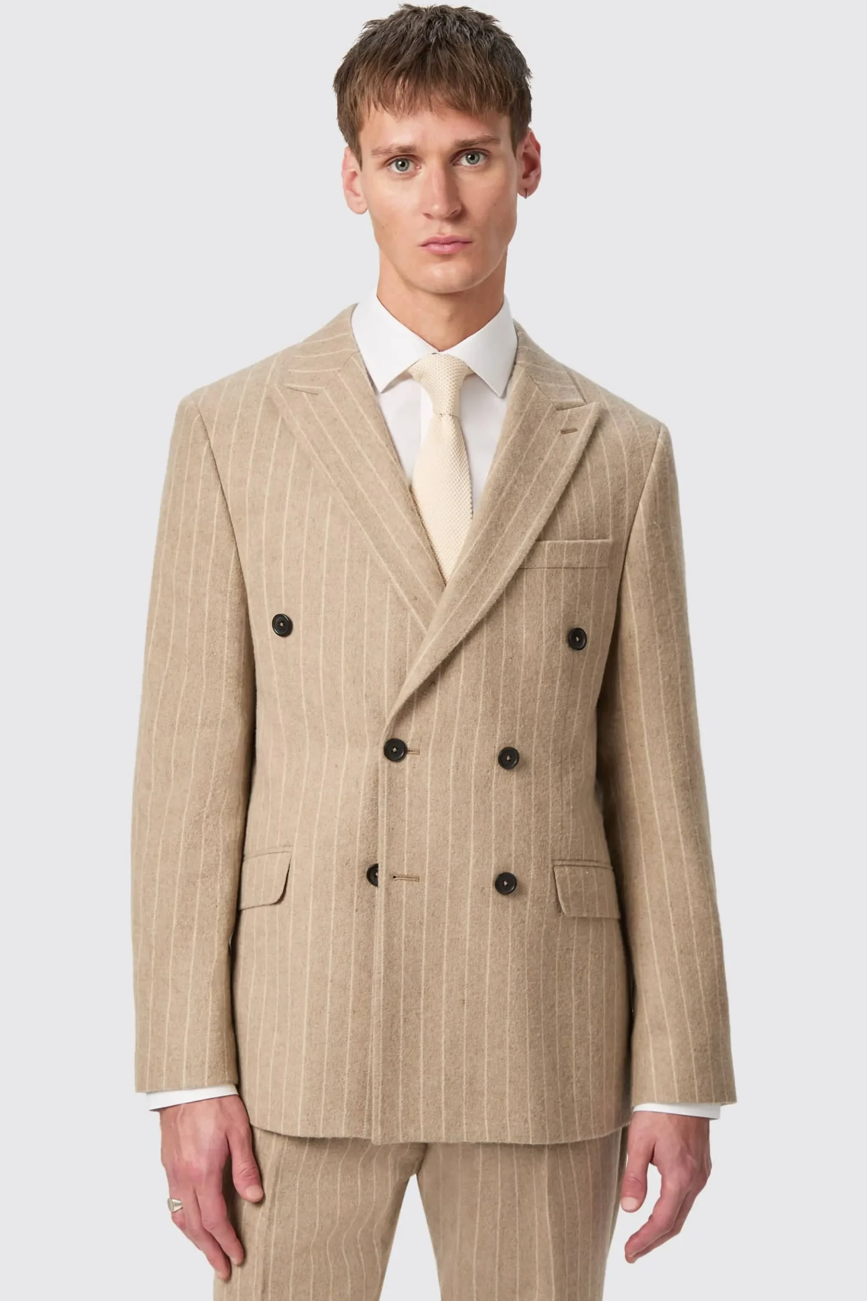 Style·Double Breasted Suits|Occasion·Groomsmen Suits|Twisted Tailor Cornwall Slim Fit Beige Pinstripe Double Breasted Suit