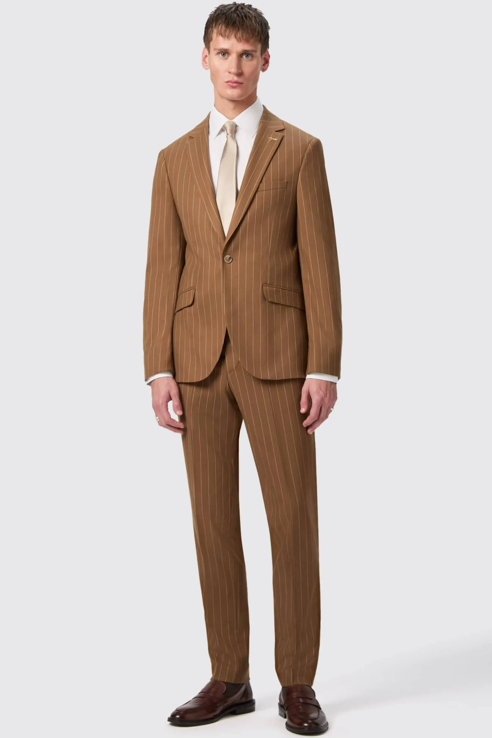 Style·2 Piece Suits|Occasion·Wedding Suits|Twisted Tailor Cuttel Slim Fit Brown Pinstripe Suit