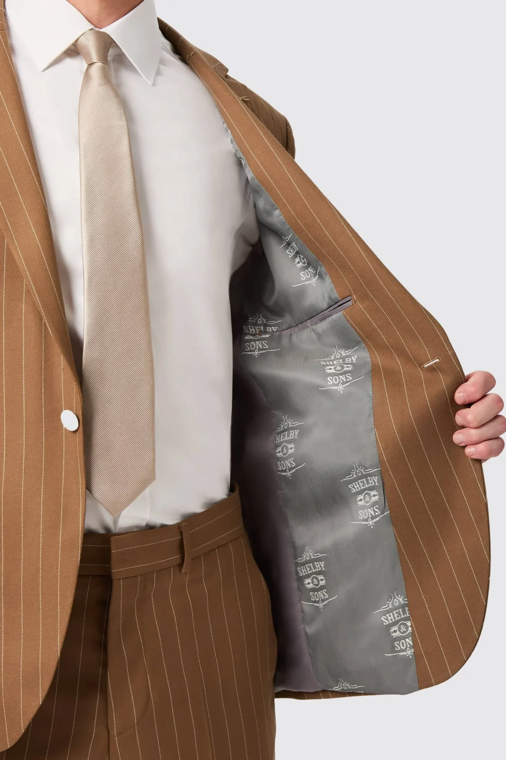 Style·2 Piece Suits|Occasion·Wedding Suits|Twisted Tailor Cuttel Slim Fit Brown Pinstripe Suit