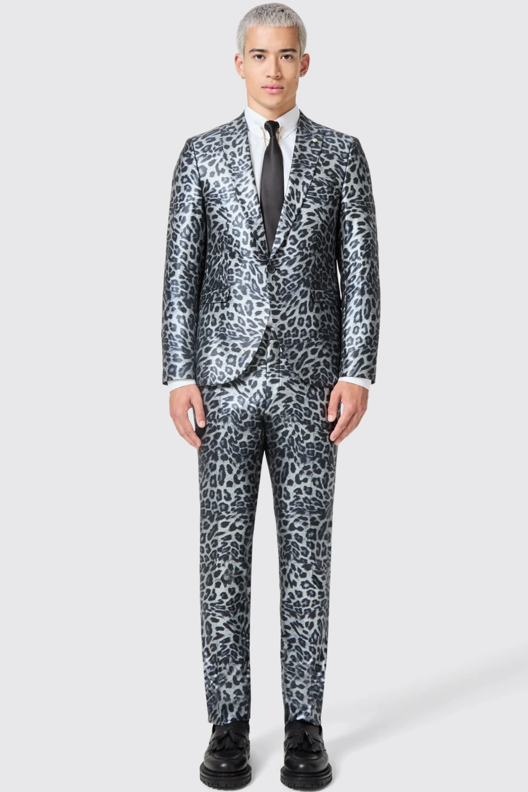 Trousers·Party Trousers|Twisted Tailor Devries Slim Fit Silver Leopard Print Tuxedo Trousers