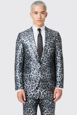 Jackets·Party Jackets|Twisted Tailor Devries Slim Fit Silver Leopard Print Tuxedo Jacket