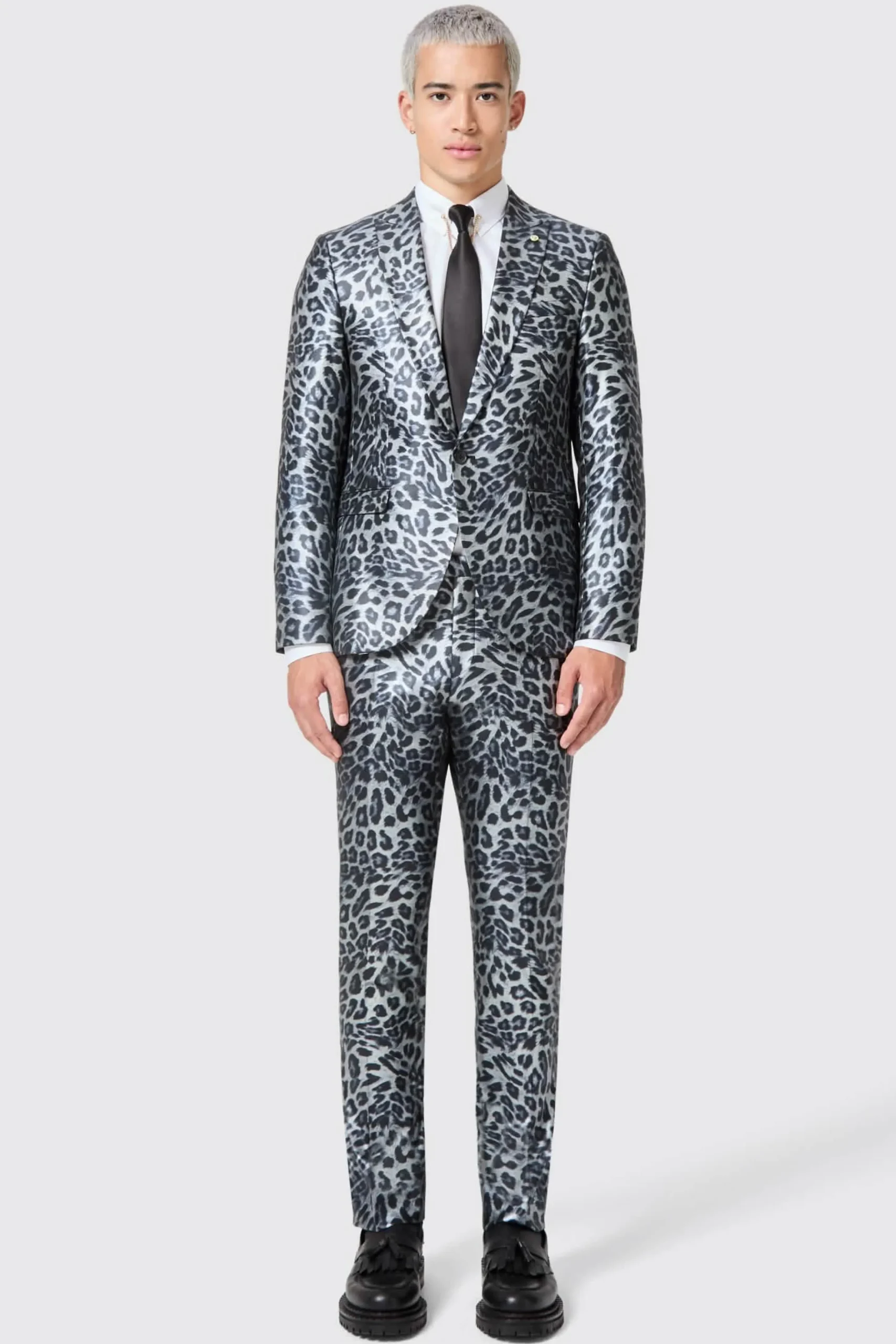 Jackets·Party Jackets|Twisted Tailor Devries Slim Fit Silver Leopard Print Tuxedo Jacket