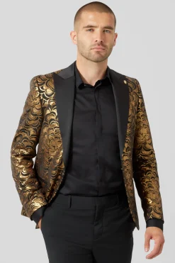 Occasion·Party Suits|Twisted Tailor Emiliano Skinny Fit Gold Floral Sequin Jacket
