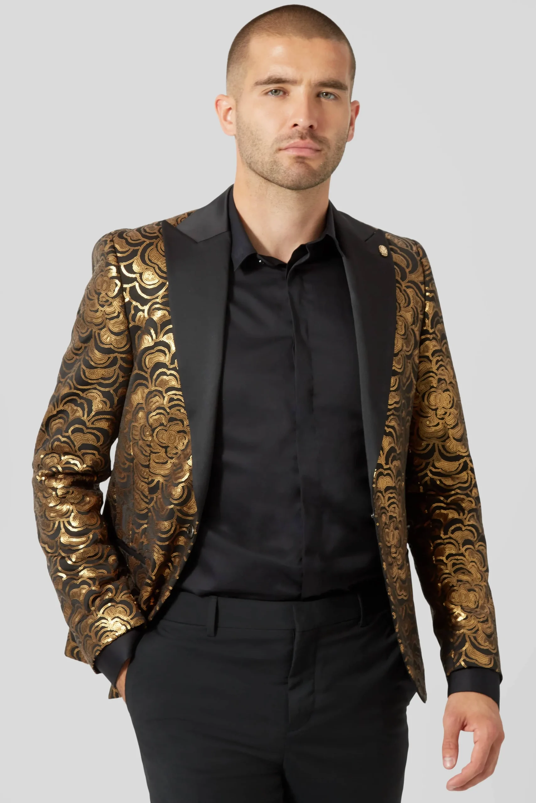 Occasion·Party Suits|Twisted Tailor Emiliano Skinny Fit Gold Floral Sequin Jacket