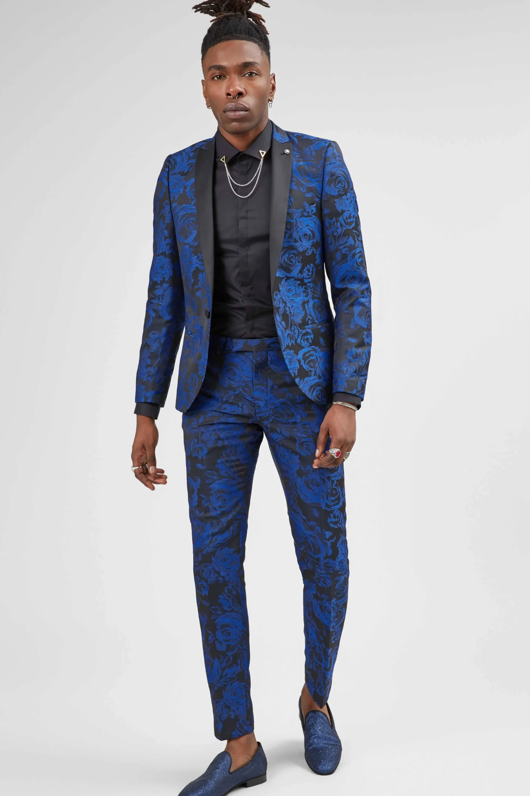 Trousers·Floral Trousers|Trousers·Party Trousers|Twisted Tailor Ersat Skinny Fit Blue Floral Tuxedo Trousers