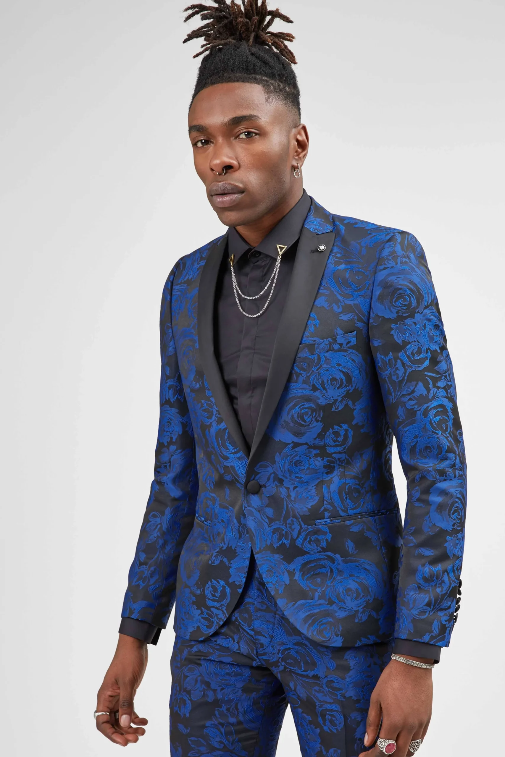 Style·Floral Suits|Style·Bold Prints|Twisted Tailor Ersat Skinny Fit Blue Floral Tuxedo Suit