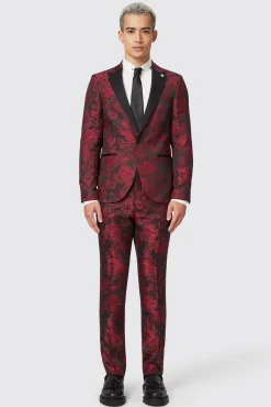 Trousers·Floral Trousers|Trousers·Party Trousers|Twisted Tailor Ersat Skinny Fit Red Floral Jacquard Tuxedo Trouser