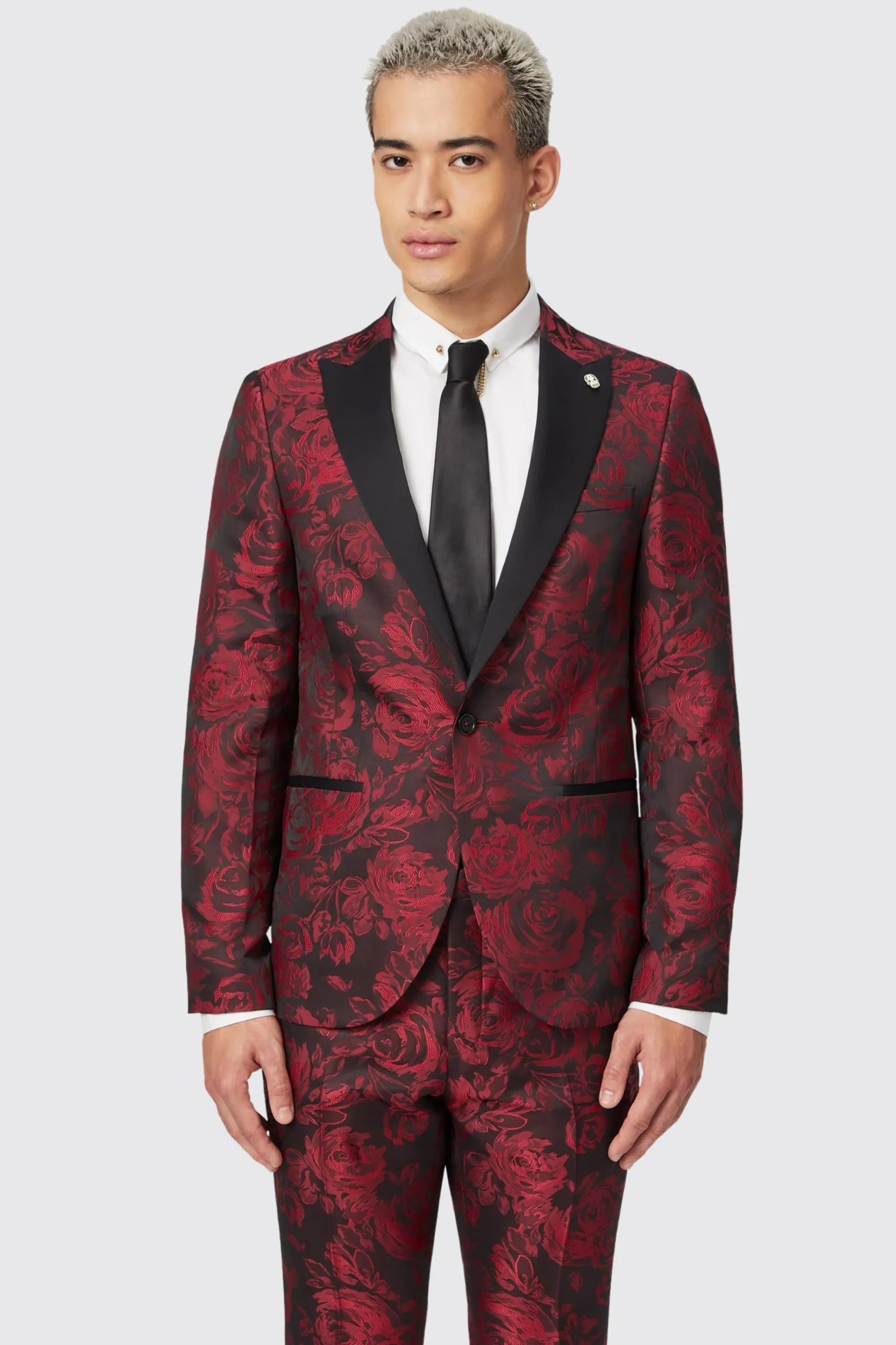 Style·Floral Suits|Style·2 Piece Suits|Twisted Tailor Ersat Skinny Fit Red Floral Jacquard Tuxedo