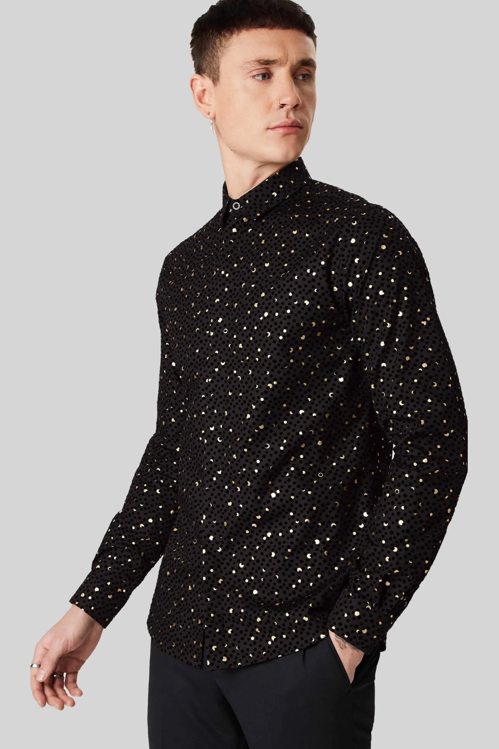 Style·Patterned Shirts|Occasion·Party Shirts|Twisted Tailor Farrow Black Skinny Fit Shirt With Black And Gold Spot Print