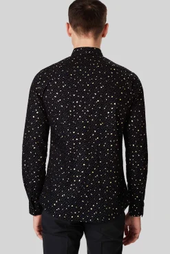 Style·Patterned Shirts|Occasion·Party Shirts|Twisted Tailor Farrow Black Skinny Fit Shirt With Black And Gold Spot Print