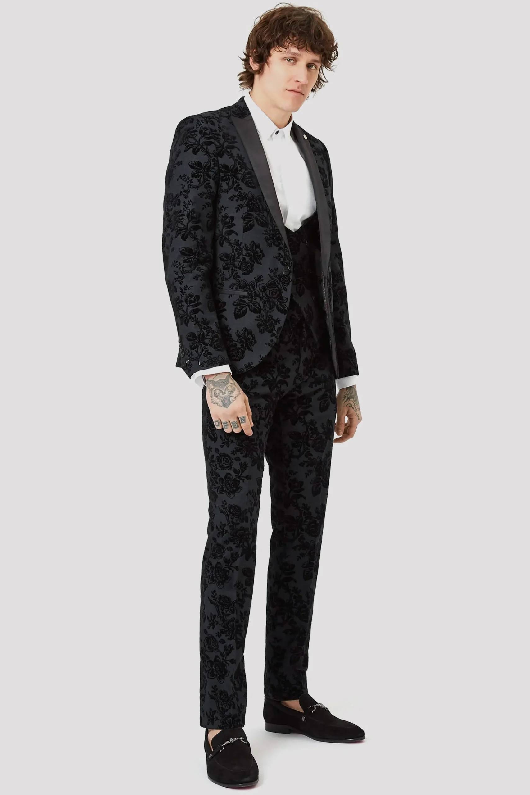 Style·Floral Suits|Style·3 Piece Suits|Twisted Tailor Fleet Skinny Fit Black Floral Tuxedo Suit