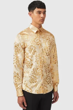 Style·Floral Shirts|Occasion·Party Shirts|Twisted Tailor Gaines Slim Fit Champagne Velvet Shirt With Floral Print