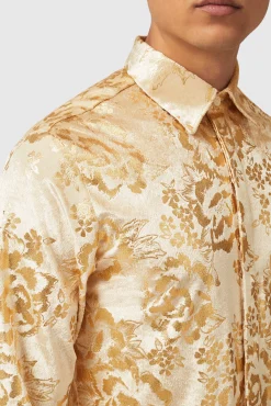 Style·Floral Shirts|Occasion·Party Shirts|Twisted Tailor Gaines Slim Fit Champagne Velvet Shirt With Floral Print