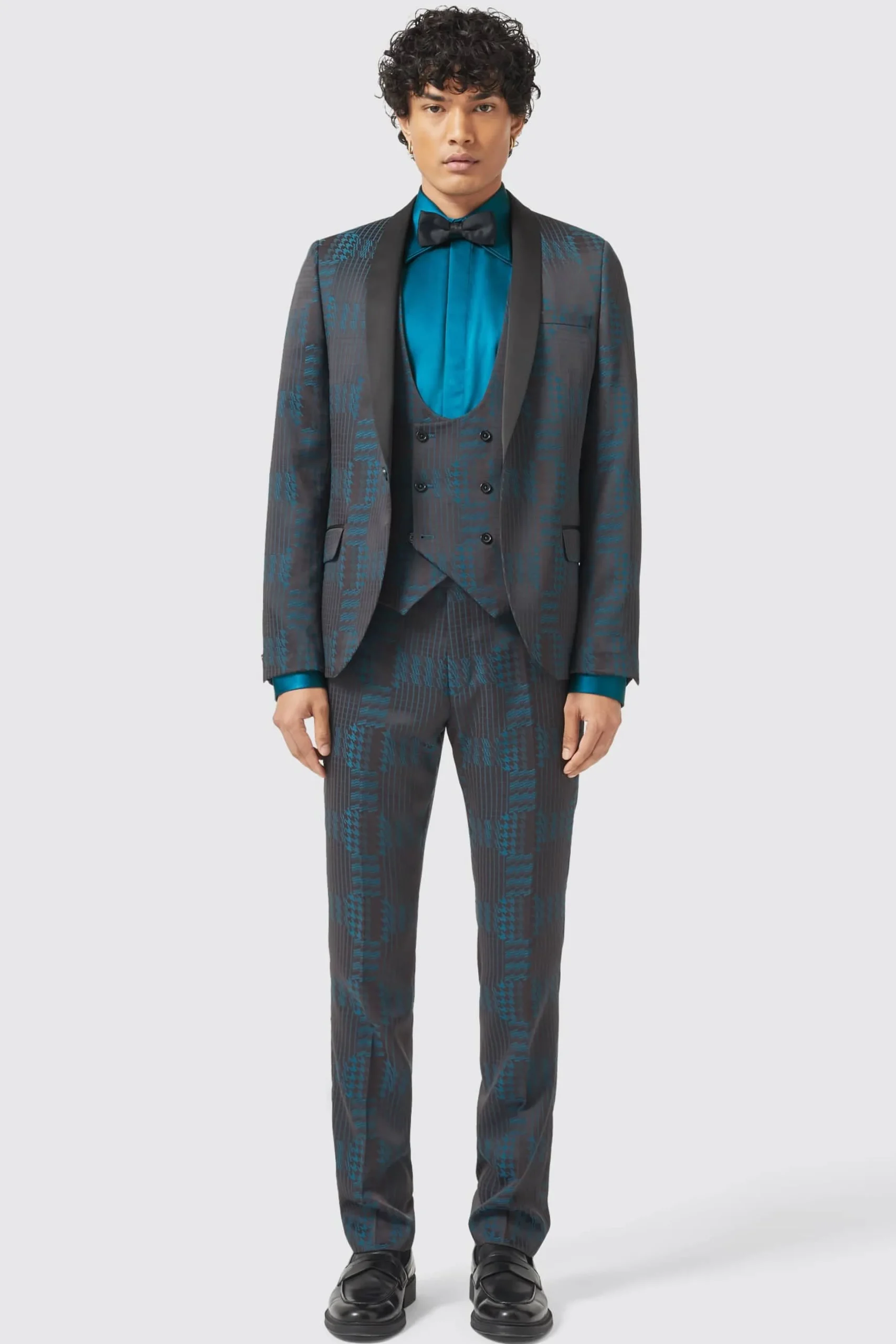 Style·3 Piece Suits|Occasion·Wedding Suits|Twisted Tailor Garland Skinny Fit Black Green Check Suit