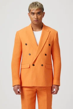 Unisex|Twisted Tailor Gaufre Double Breasted Orange Waffle Knit Cotton Jacket