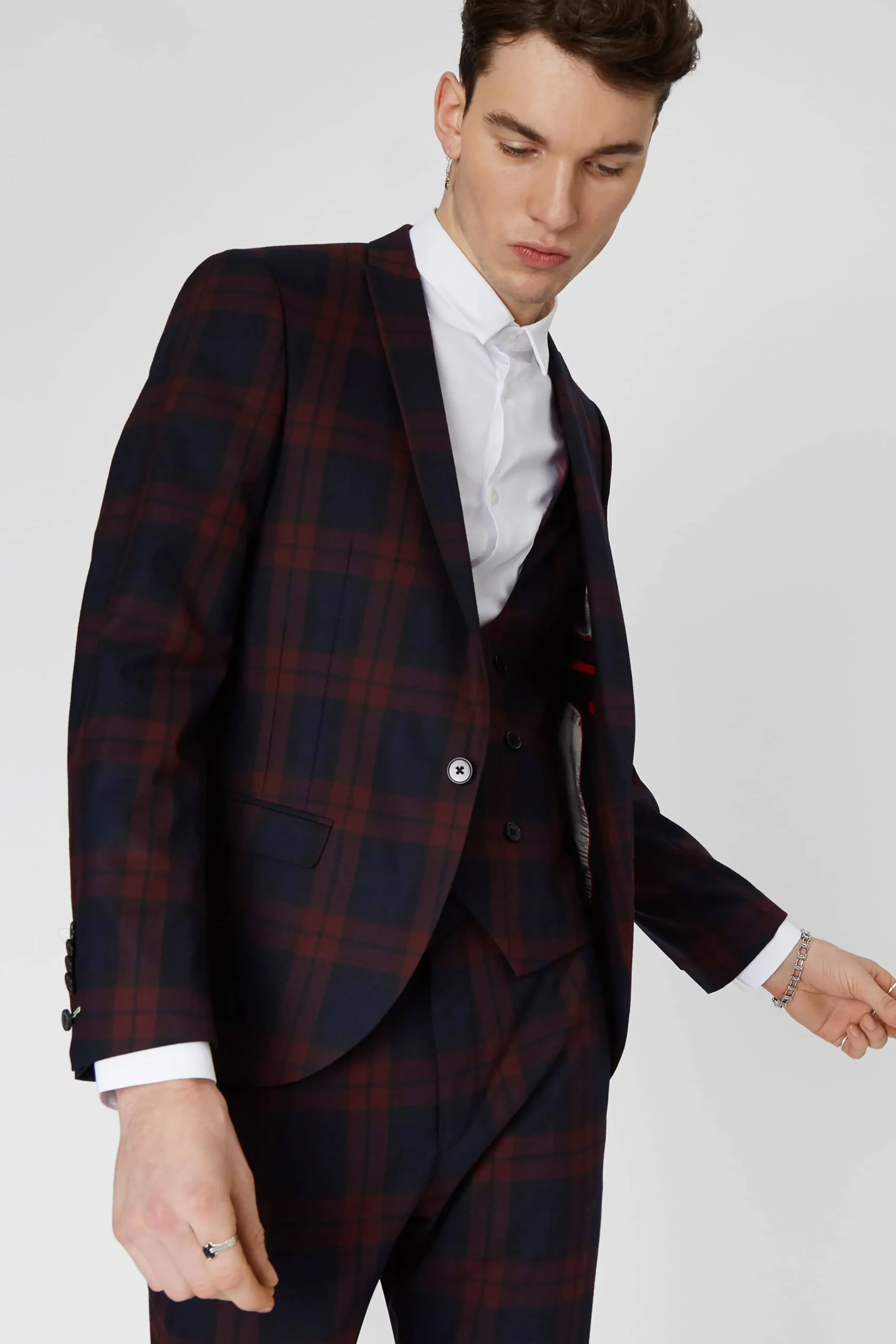 Jackets·Work Jackets|Twisted Tailor Ginger Skinny Fit Burgundy Tartan Jacket