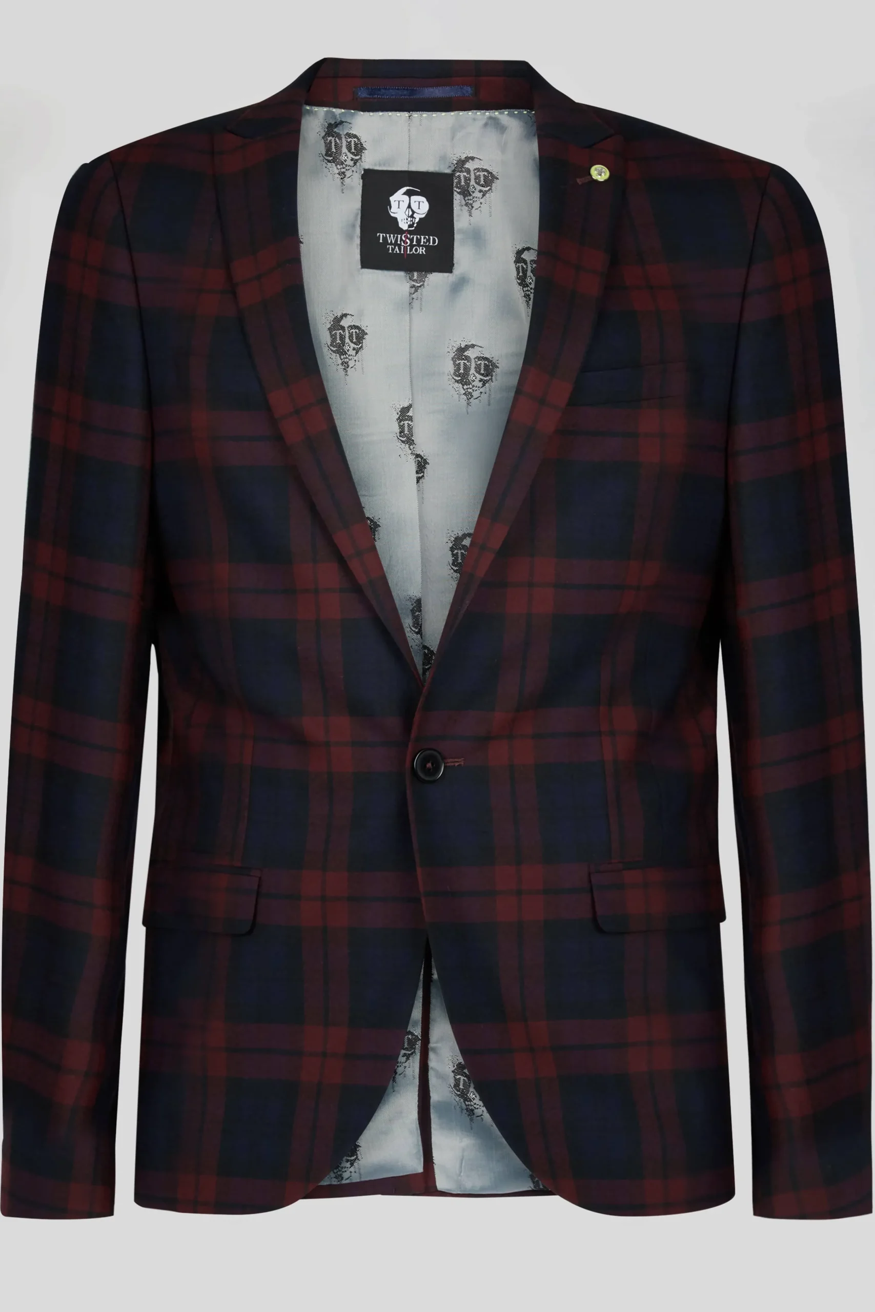 Jackets·Work Jackets|Twisted Tailor Ginger Skinny Fit Burgundy Tartan Jacket
