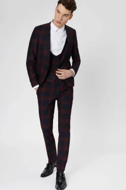 Jackets·Work Jackets|Twisted Tailor Ginger Skinny Fit Burgundy Tartan Jacket