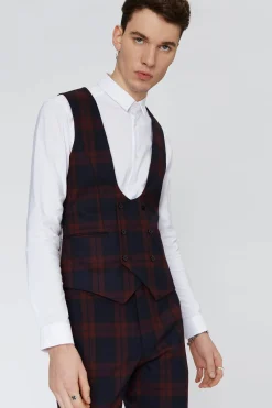 Waistcoats|Twisted Tailor Ginger Skinny Fit Burgundy Tartan Waistcoat