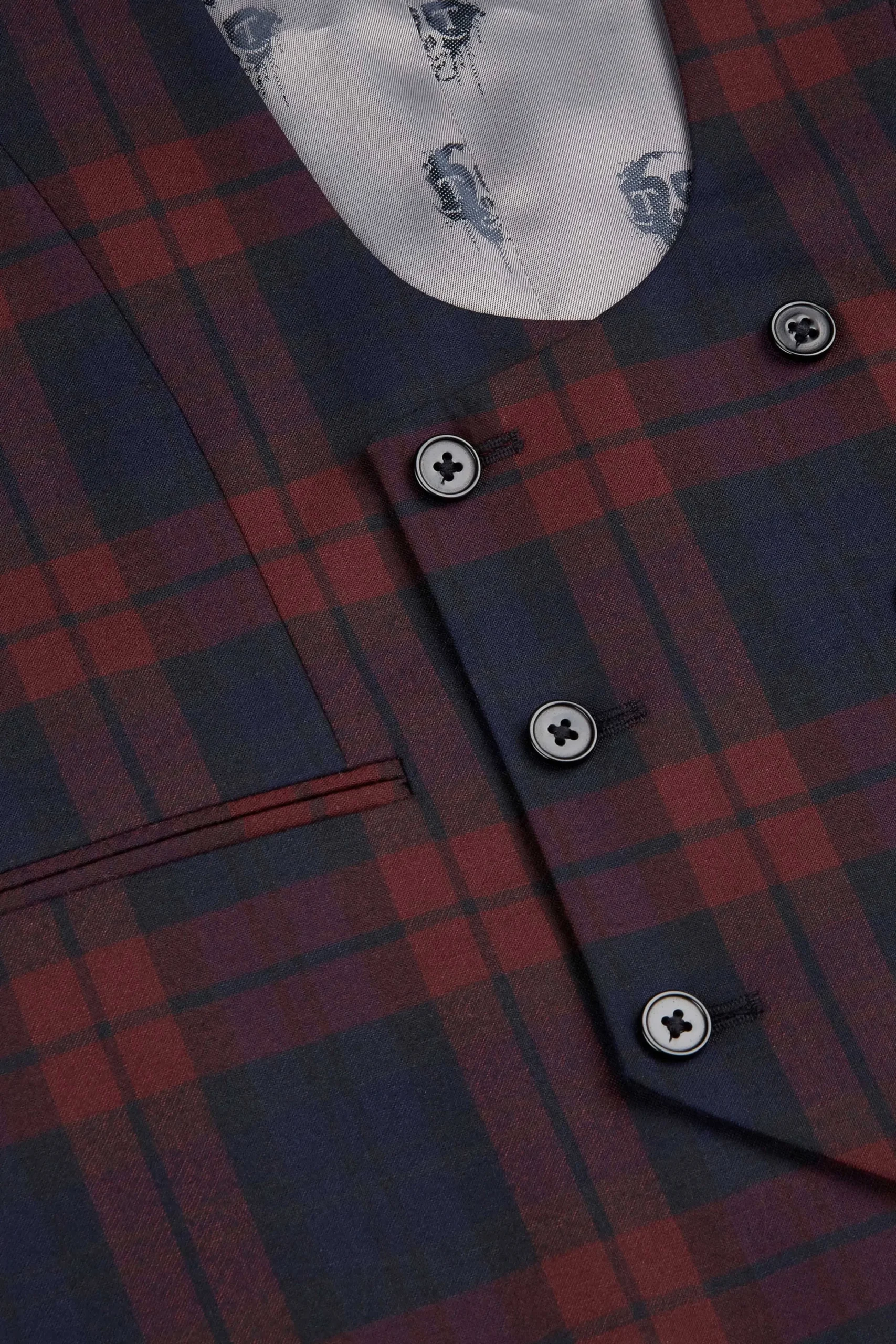 Waistcoats|Twisted Tailor Ginger Skinny Fit Burgundy Tartan Waistcoat