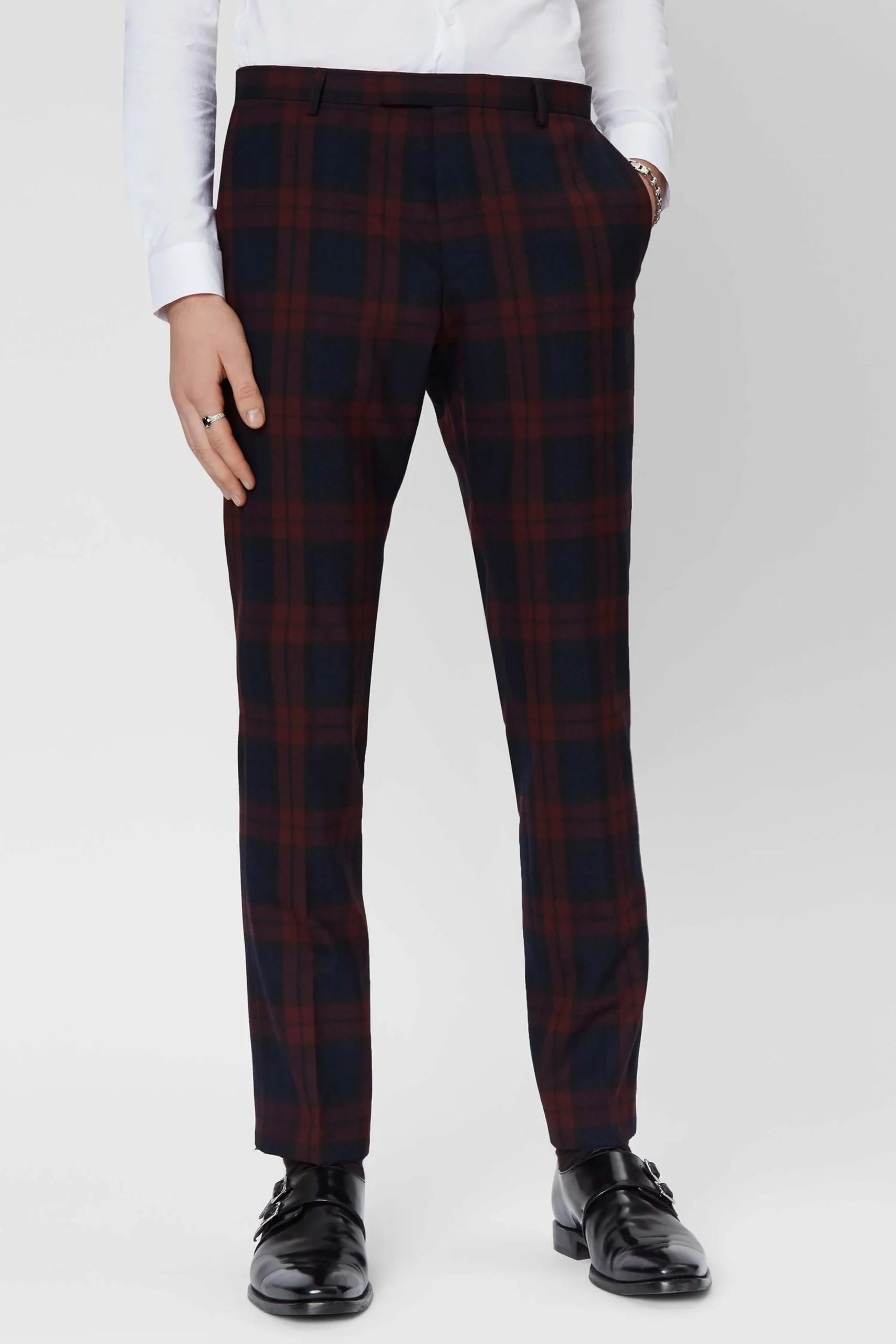 Style·Check Suits|Style·3 Piece Suits|Twisted Tailor Ginger Skinny Fit Burgundy Tartan Suit