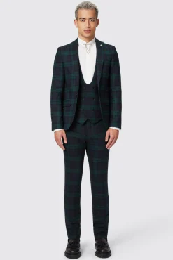 Waistcoats|Twisted Tailor Ginger Skinny Fit Green Tartan Waistcoat