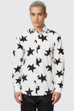 Style·Patterned Shirts|Occasion·Casual Shirts|Twisted Tailor Grosjean Slim Fit White Cotton Star Print Shirt
