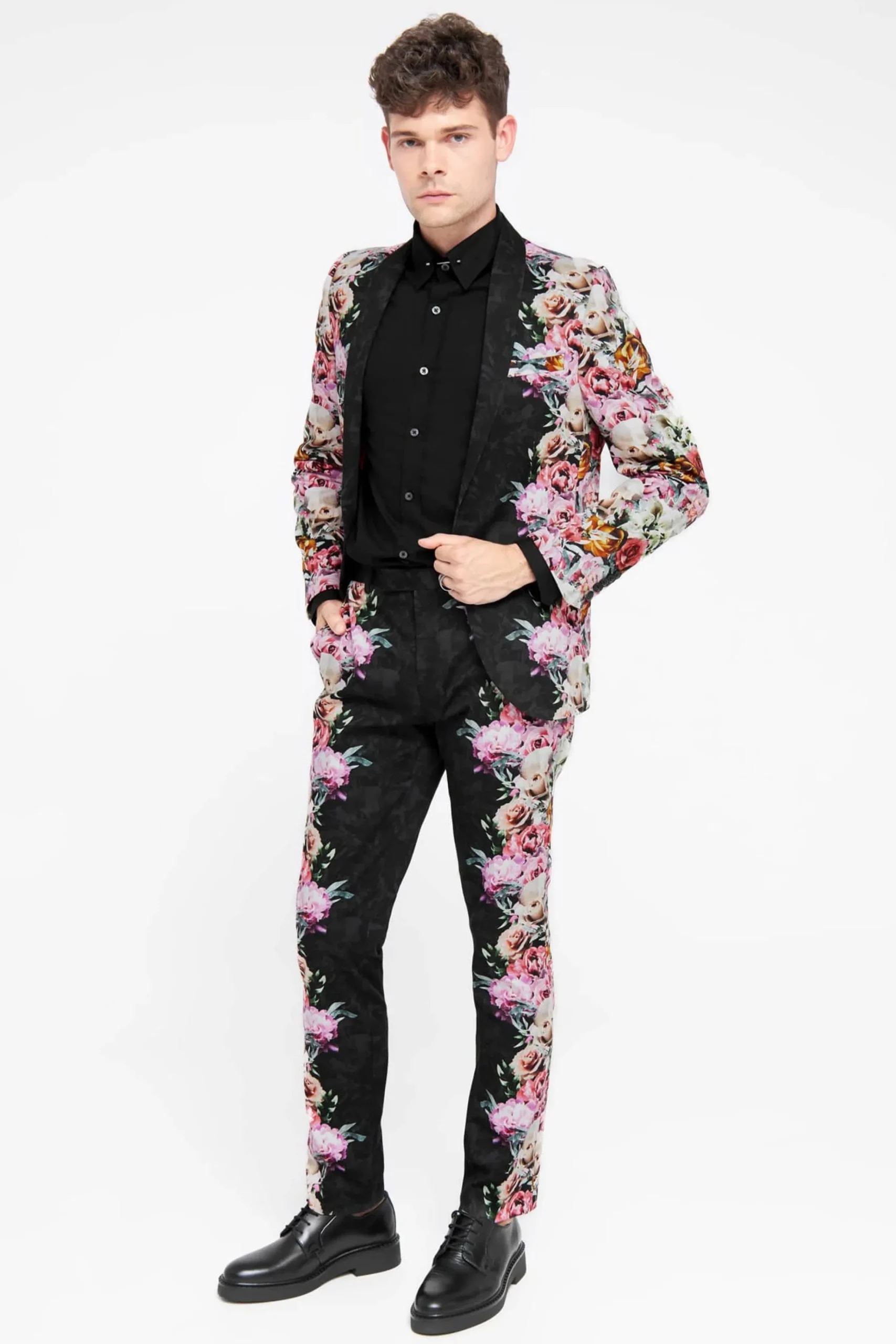 Style·Floral Suits|Style·2 Piece Suits|Twisted Tailor Ikeda Slim Fit Black Cotton Floral Suit
