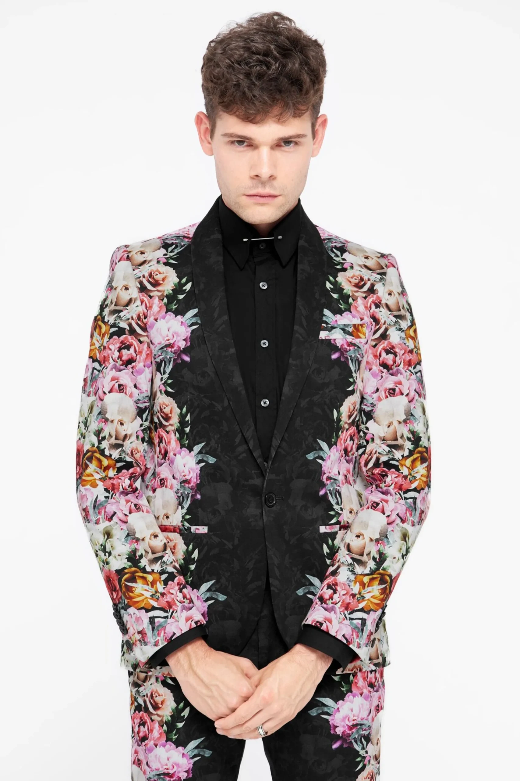 Style·Floral Suits|Style·2 Piece Suits|Twisted Tailor Ikeda Slim Fit Black Cotton Floral Suit