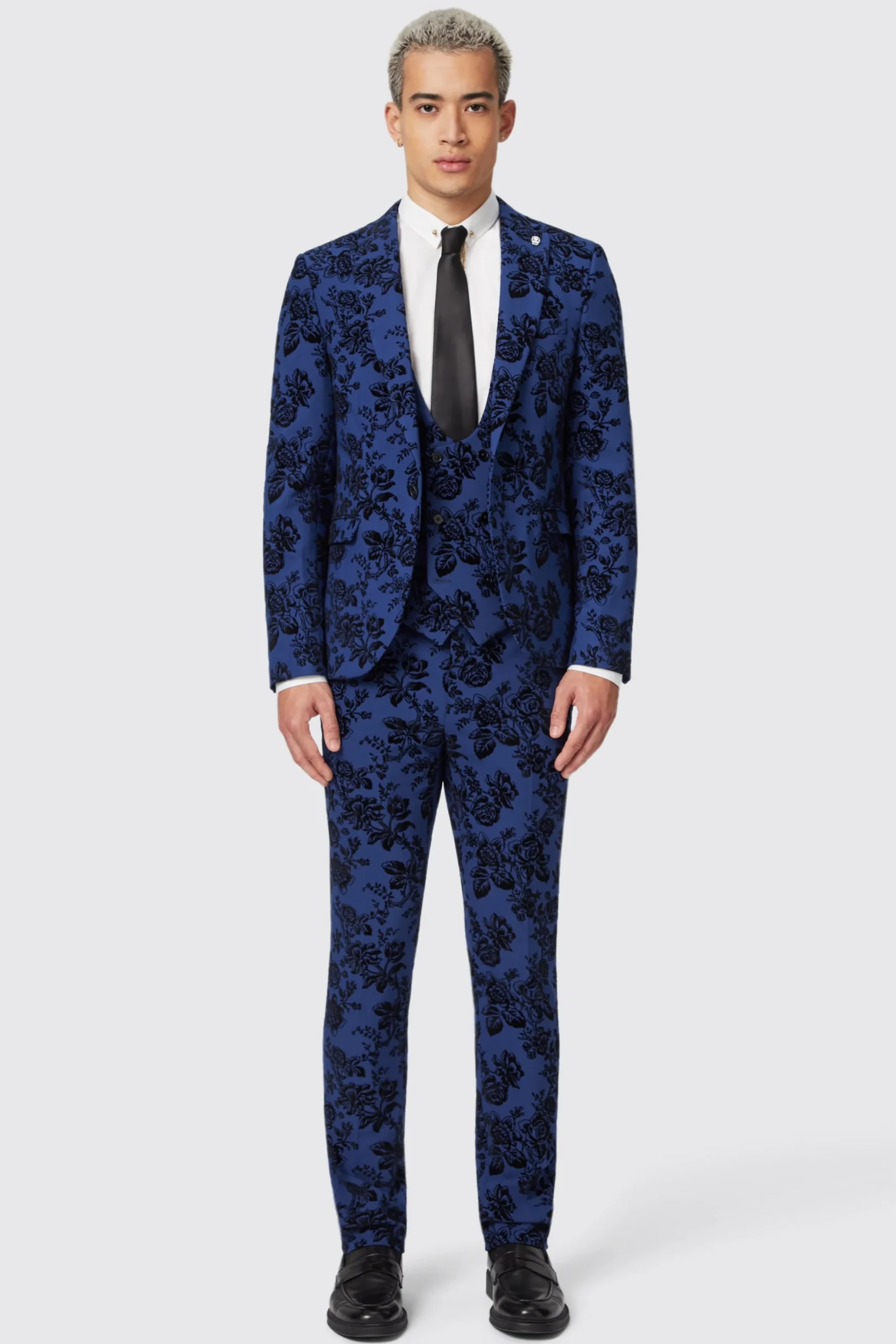 Style·Floral Suits|Style·3 Piece Suits|Twisted Tailor Jackalope Blue Suit With Floral Flocking