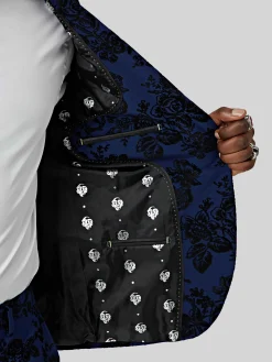 Style·Floral Suits|Style·3 Piece Suits|Twisted Tailor Jackalope Blue Suit With Floral Flocking