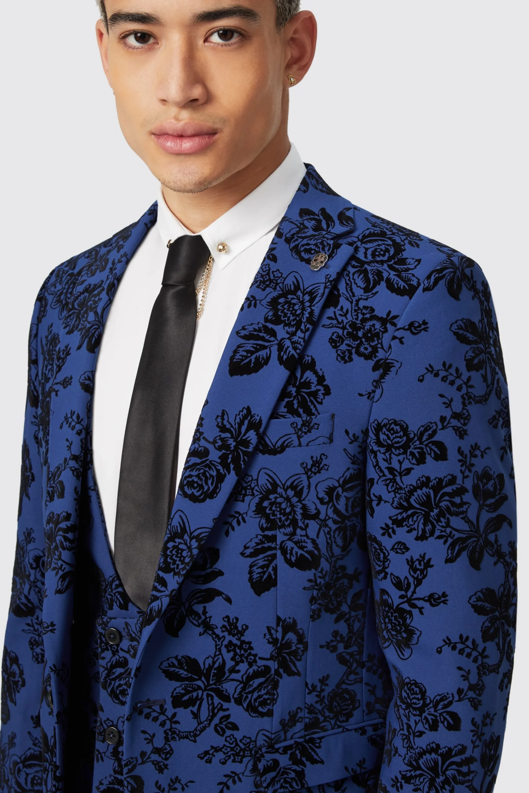 Style·Floral Suits|Style·3 Piece Suits|Twisted Tailor Jackalope Blue Suit With Floral Flocking
