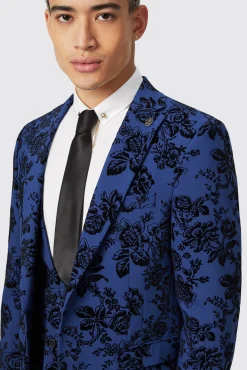 Jackets·Floral Jackets|Jackets·Party Jackets|Twisted Tailor Jackalope Skinny Fit Blue Floral Flocked Jacket