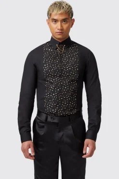 Style·Patterned Shirts|Occasion·Party Shirts|Twisted Tailor Luizzi Slim Fit Gold Spot Print Black Cotton Shirt