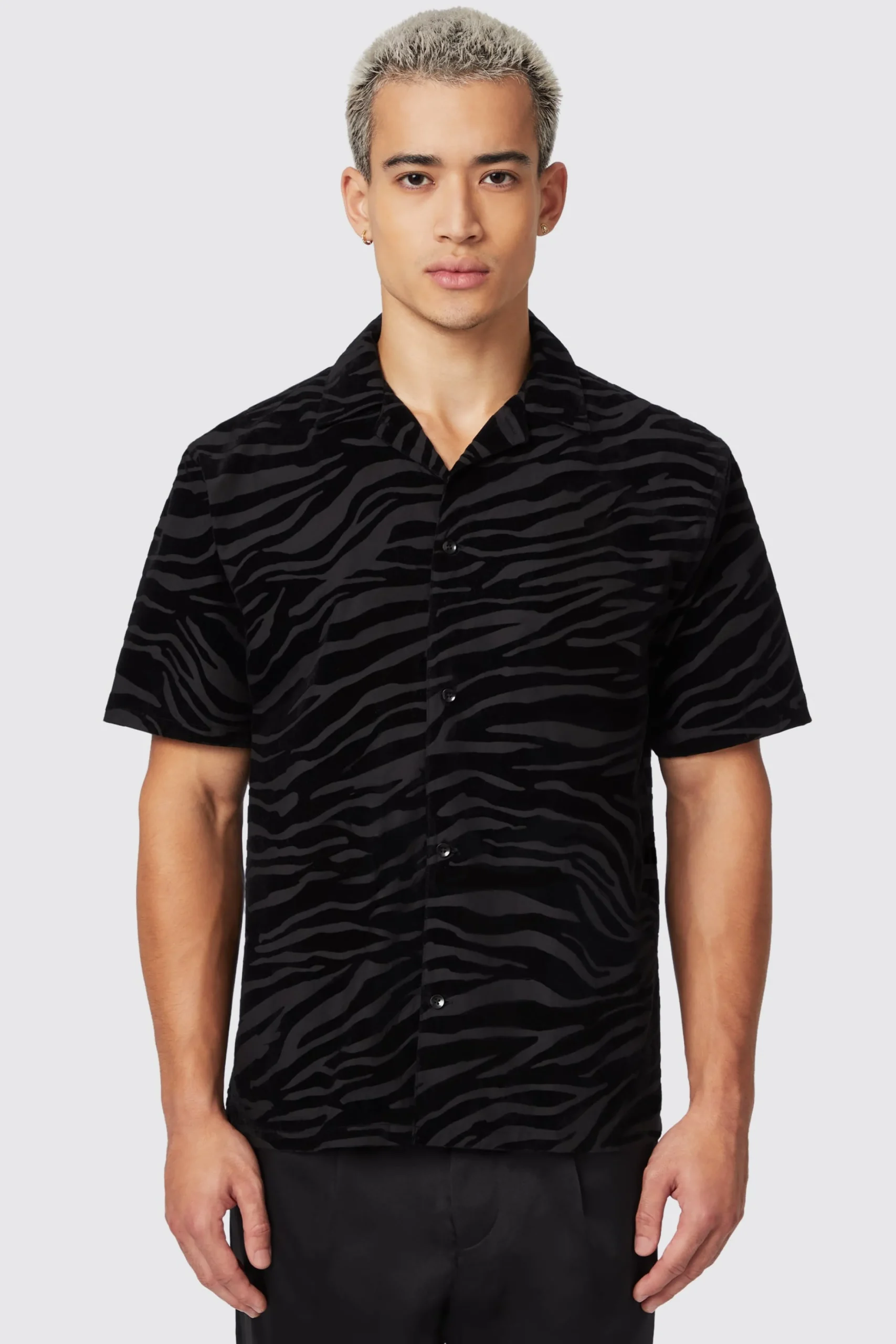 Style·Patterned Shirts|Occasion·Casual Shirts|Twisted Tailor Magnussen Slim Fit Zebra Flocked Black Shirt
