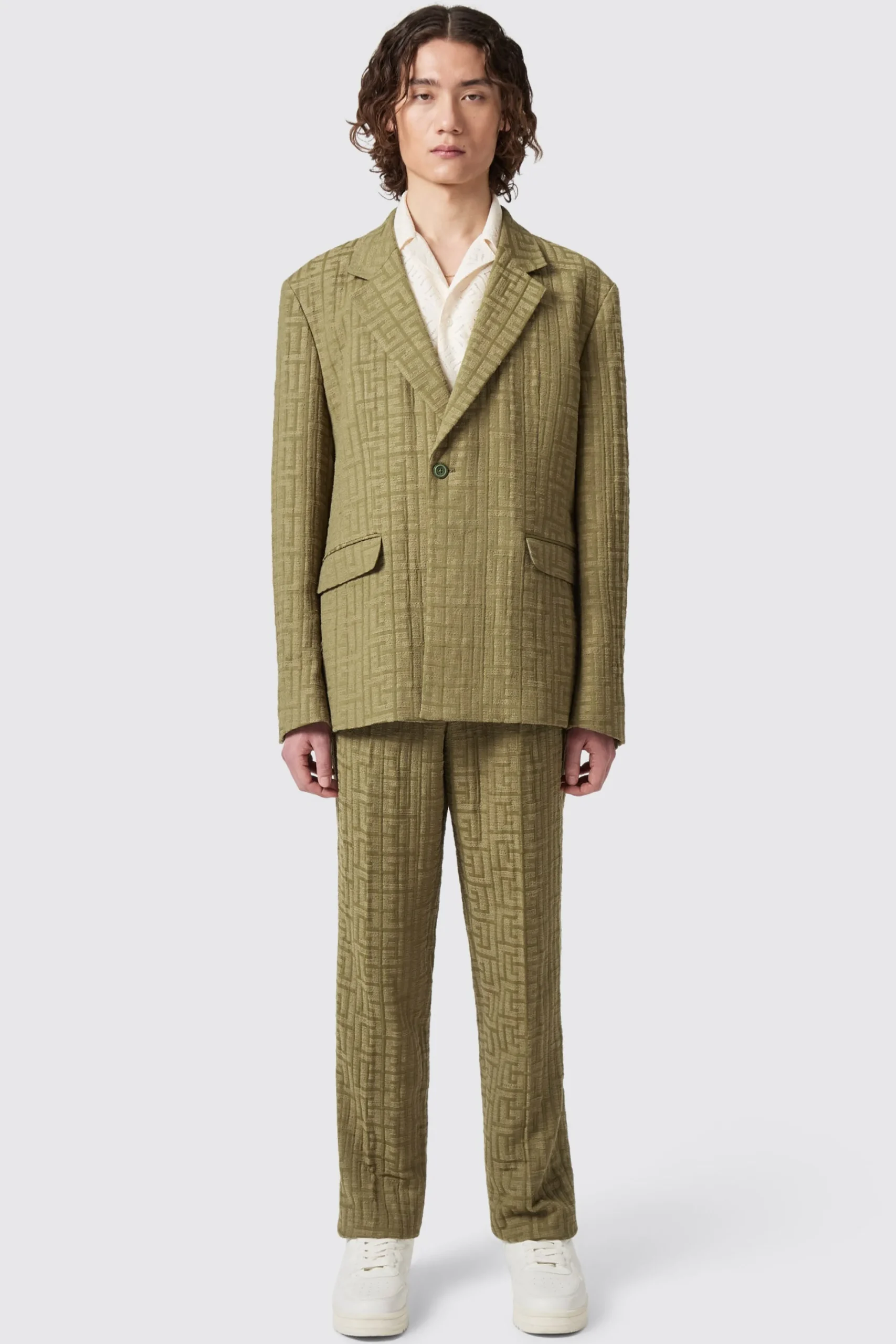 Unisex|Trousers·Casual Trousers|Twisted Tailor Malacia Oversized Green Jacquard Trousers